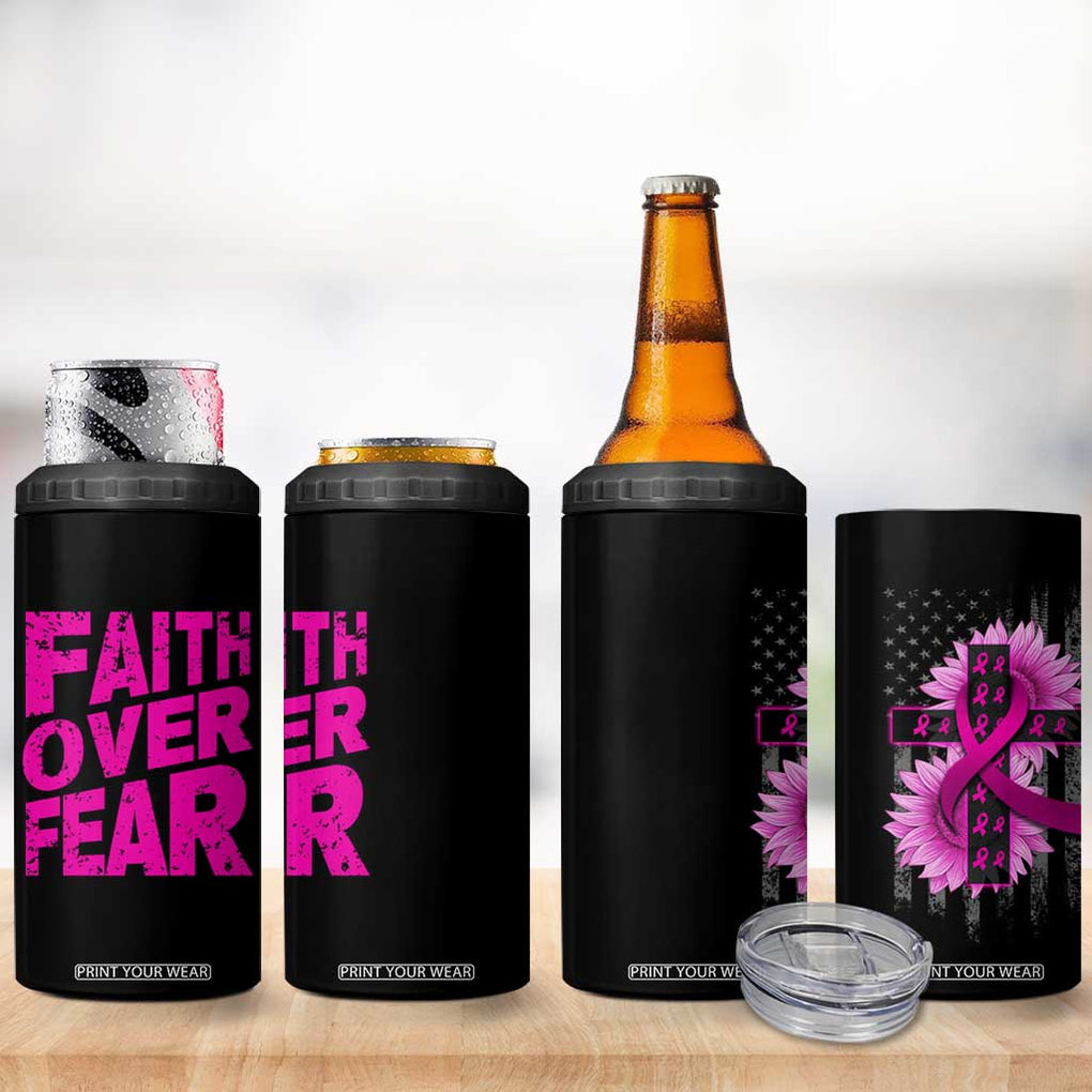 Breast Cancer Awareness 4 in 1 Can Cooler Tumbler Christian Gift Pink Ribbon USA Flag Sunflower Faith Over Fear TB10 Print Your Wear