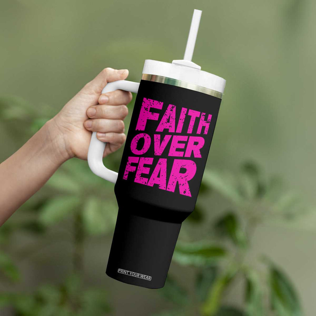 Breast Cancer Awareness Tumbler With Handle Christian Gift Pink Ribbon USA Flag Sunflower Faith Over Fear TB10 Print Your Wear