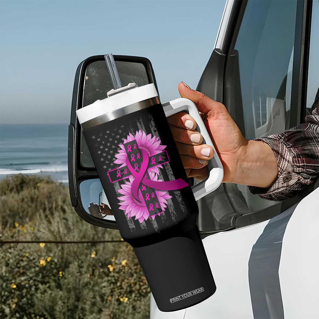 Breast Cancer Awareness Tumbler With Handle Christian Gift Pink Ribbon USA Flag Sunflower Faith Over Fear TB10 Print Your Wear