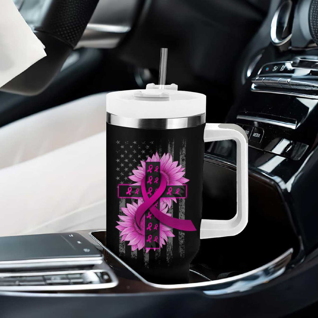 Breast Cancer Awareness Tumbler With Handle Christian Gift Pink Ribbon USA Flag Sunflower Faith Over Fear TB10 Print Your Wear