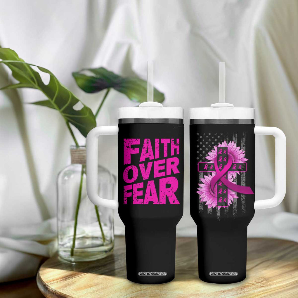 Breast Cancer Awareness Tumbler With Handle Christian Gift Pink Ribbon USA Flag Sunflower Faith Over Fear TB10 Print Your Wear