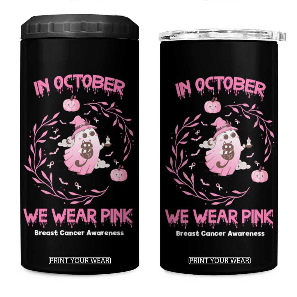 Cute Ghost Halloween Breast Cancer Awareness 4 in 1 Can Cooler Tumbler In October We Wear Pink TB10 One Size: 16 oz Black Print Your Wear