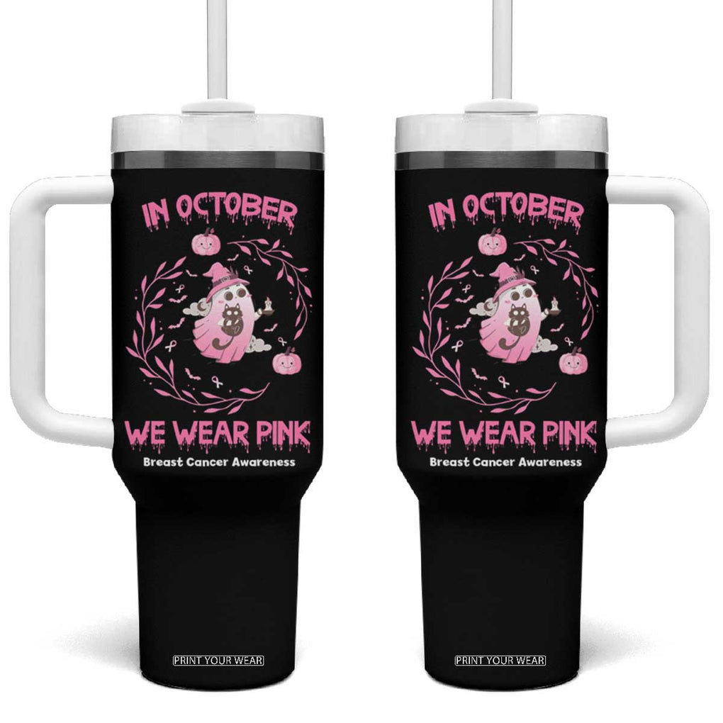 Cute Ghost Halloween Breast Cancer Awareness Tumbler With Handle In October We Wear Pink TB10 One Size: 40 oz Black Print Your Wear