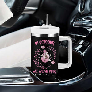 Cute Ghost Halloween Breast Cancer Awareness Tumbler With Handle In October We Wear Pink TB10 Print Your Wear