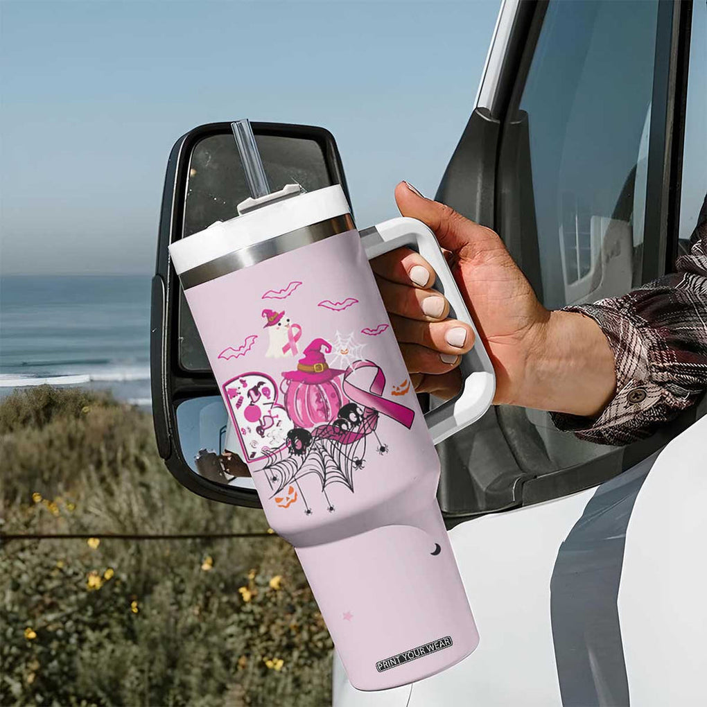 Pink Ghost Halloween Tumbler With Handle Funny Breast Cancer Ribbon TB10 Print Your Wear