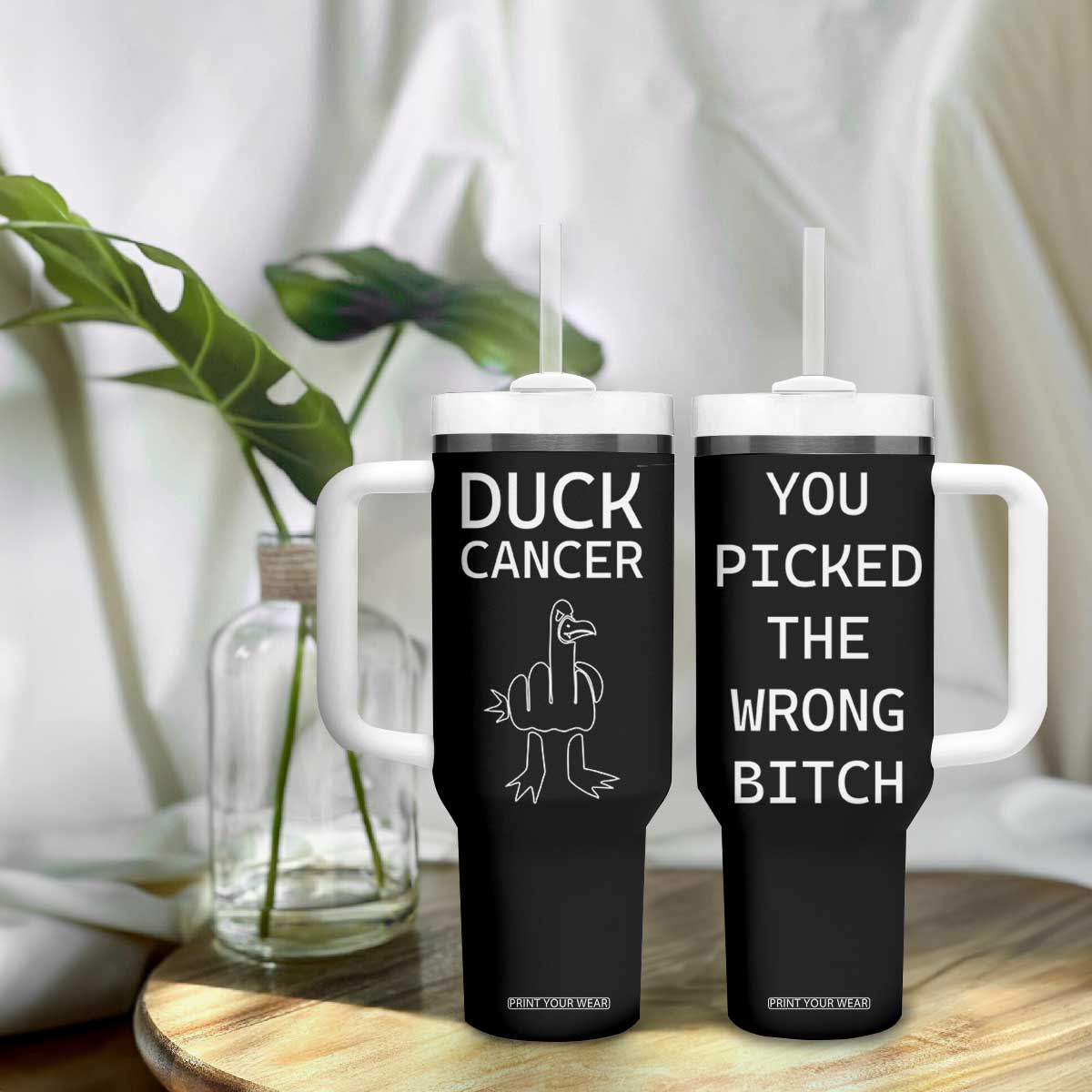 Funny Cancer Fighter Tumbler With Handle Middle Finger Duck Cancer You Picked The Wrong Bitch Chemo Patient Gift TB10 Print Your Wear
