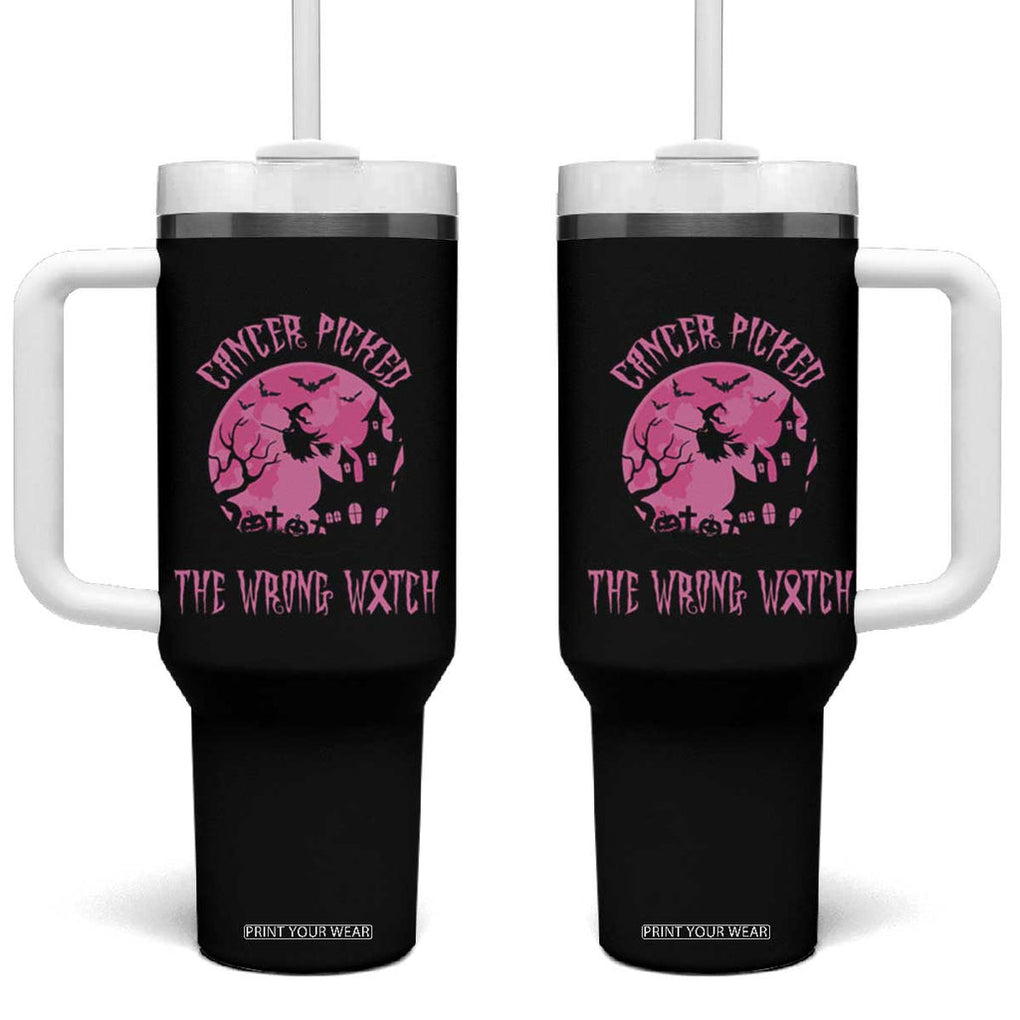 Breast Cancer Awareness Halloween Tumbler With Handle Pink Ribbon Cancer You Picked The Wrong Witch TB10 One Size: 40 oz Black Print Your Wear
