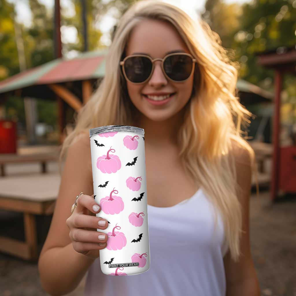 Personalized Halloween Iced Coffee Skinny Tumbler Custom Name Pink Pumpkin TB10 Print Your Wear