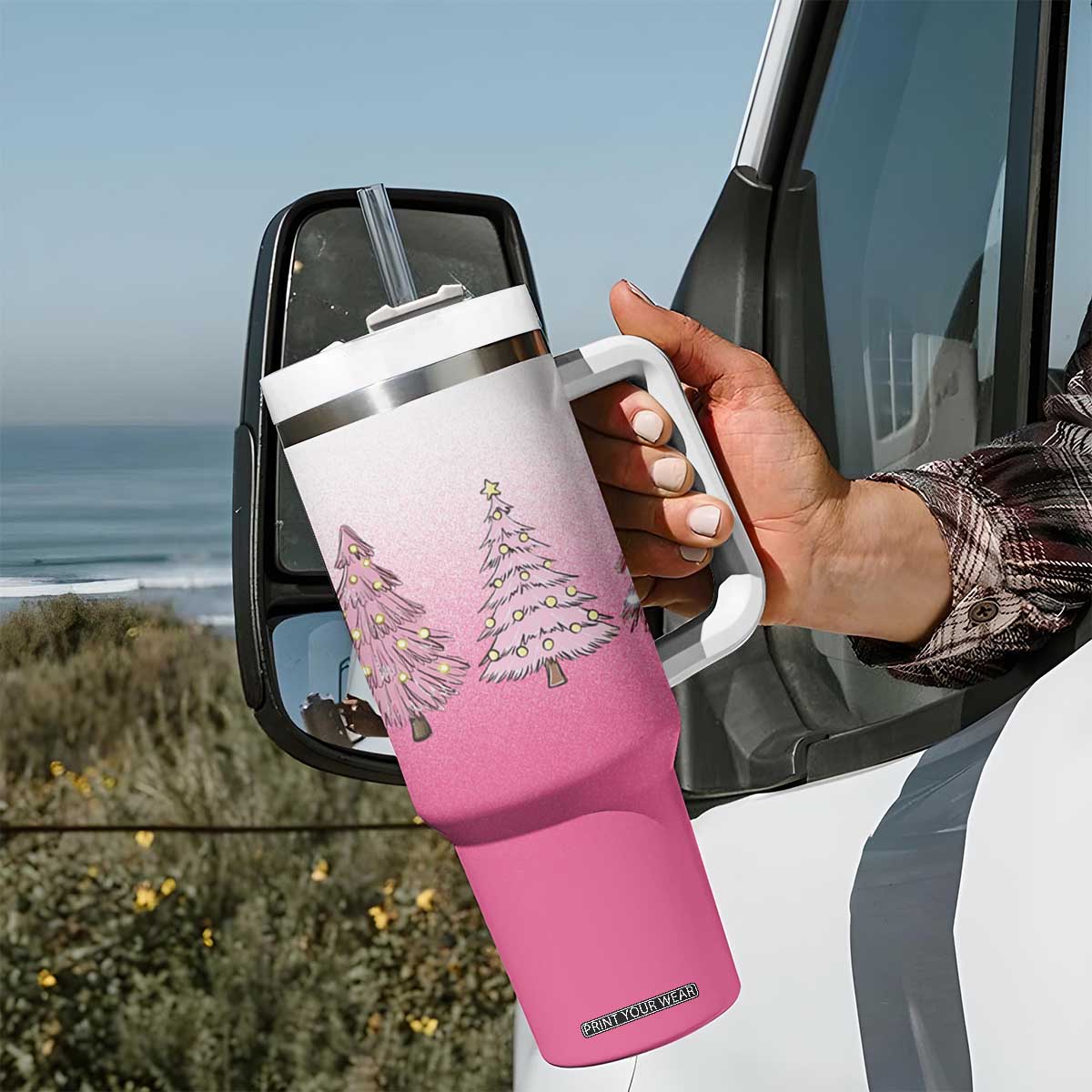 Pink Christmas Tumbler With Handle Xmas Trees Pinkmas Gift For Her TB10 Print Your Wear