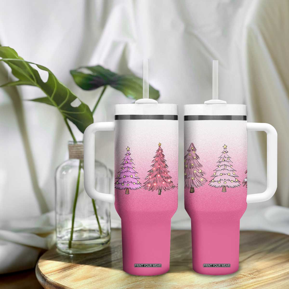 Pink Christmas Tumbler With Handle Xmas Trees Pinkmas Gift For Her TB10 Print Your Wear