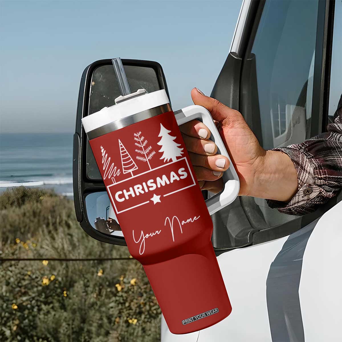 Personalized Christmas Tumbler With Handle Custom Name Xmas Tree Gifts for Mom Her Coworkers TB10 Print Your Wear