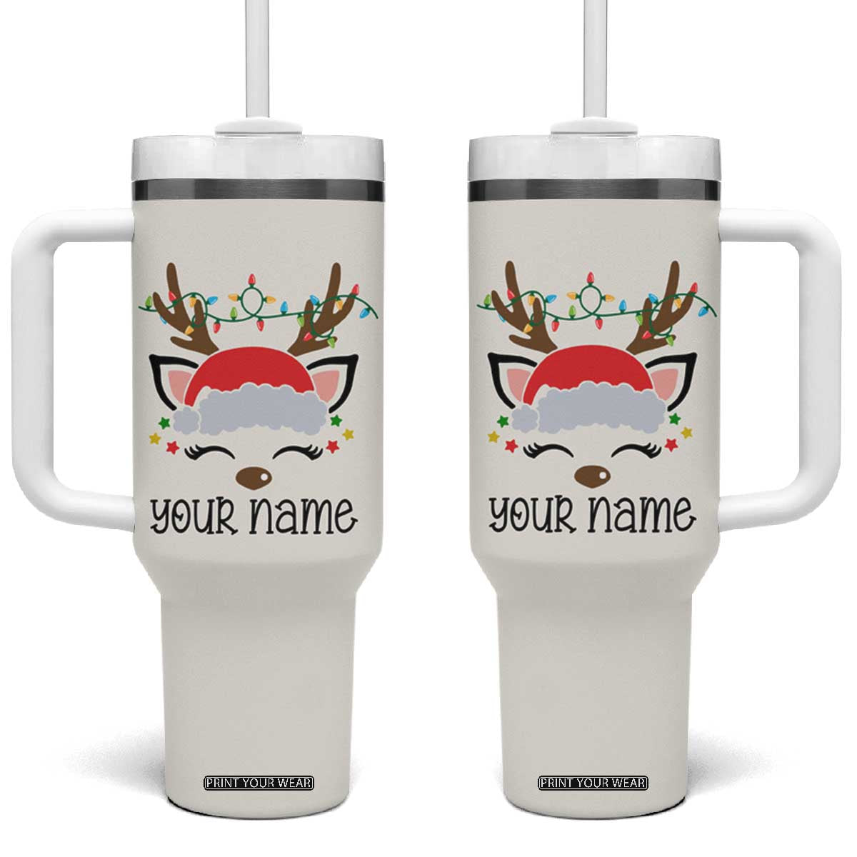 Personalized Christmas Tumbler With Handle Custom Name Xmas Gift For Kids Boys Family Matching Set Reindeer TB10 One Size: 40 oz Cream Print Your Wear