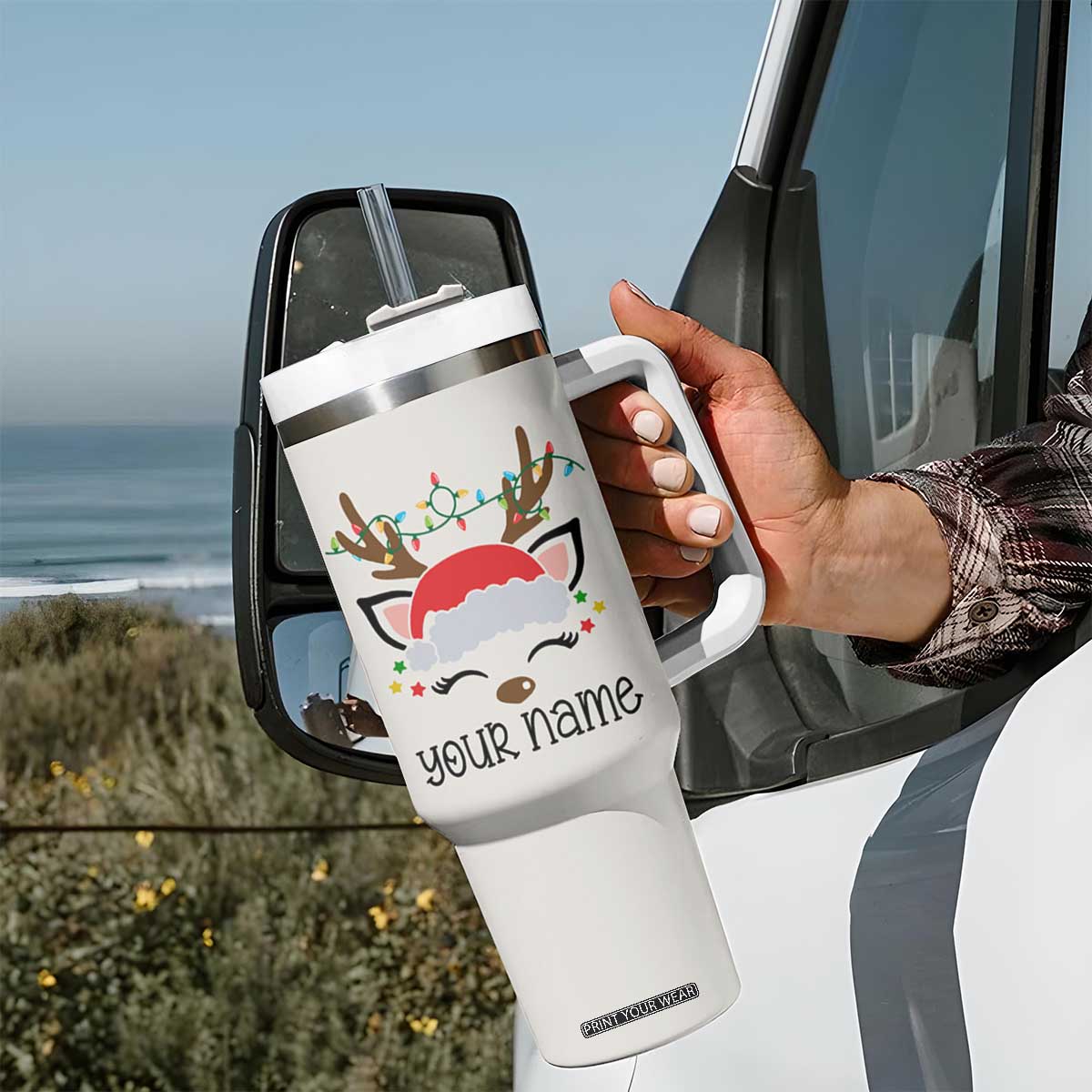 Personalized Christmas Tumbler With Handle Custom Name Xmas Gift For Kids Boys Family Matching Set Reindeer TB10 Print Your Wear