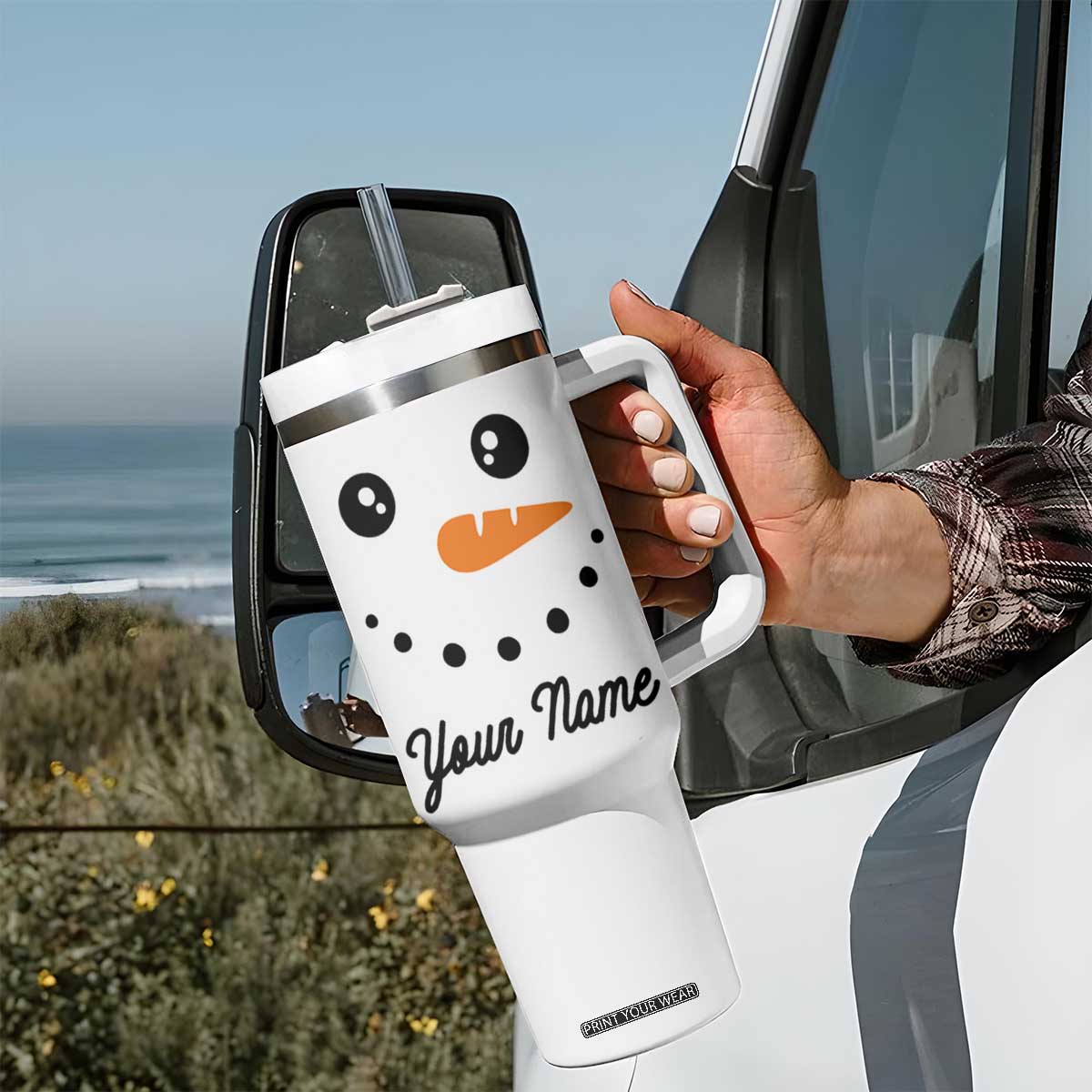 Personalized Christmas Tumbler With Handle Custom Name Xmas Gift Snowman Face Family Matching Set TB10 Print Your Wear