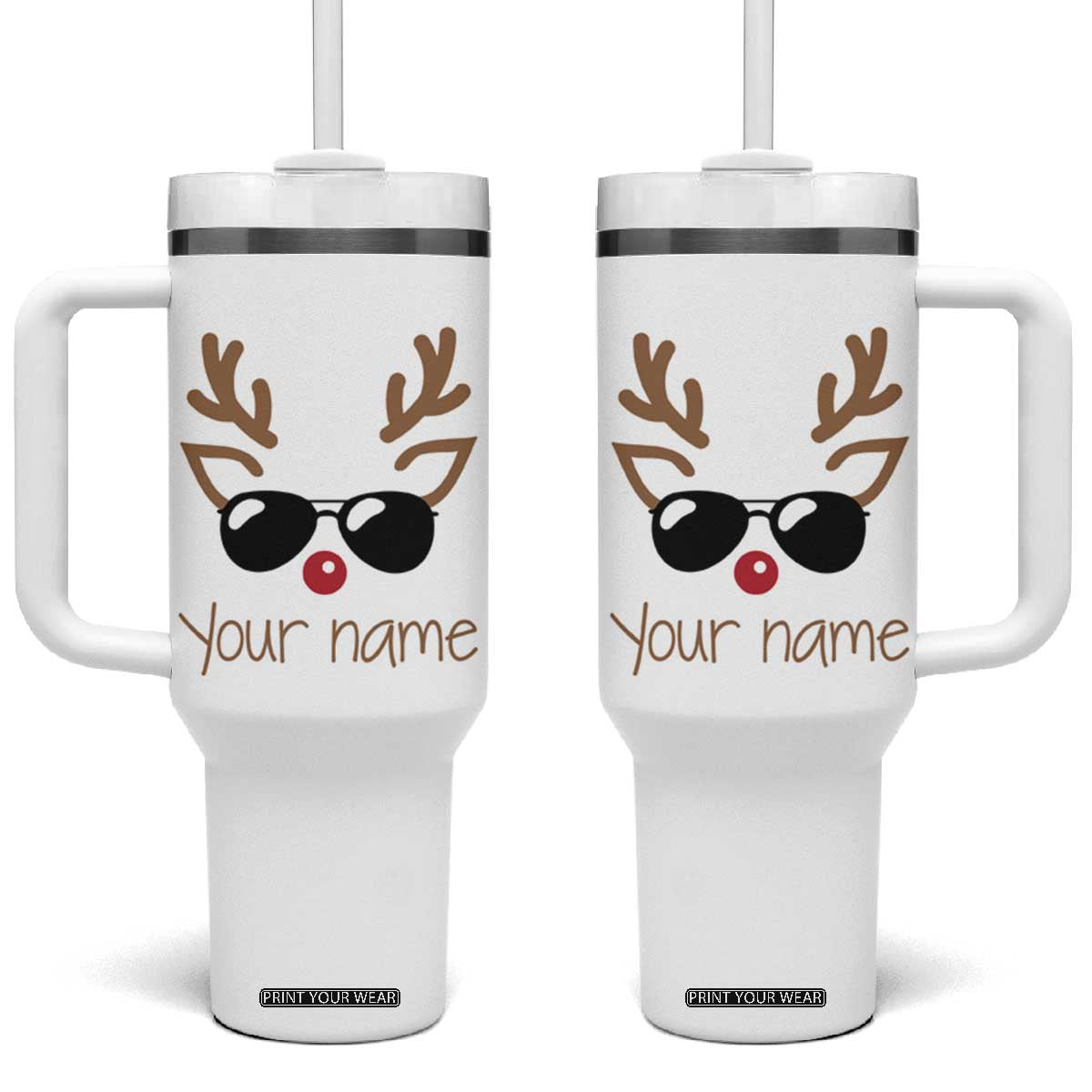 Personalized Christmas Tumbler With Handle Custom Name Xmas Gift For Kids Boys Family Matching Set Reindeer Face TB10 One Size: 40 oz White Print Your Wear