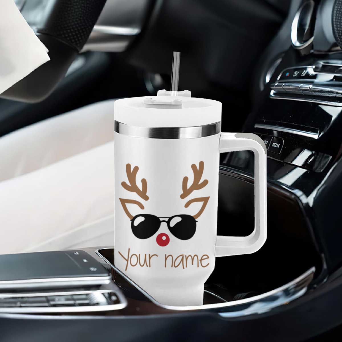 Personalized Christmas Tumbler With Handle Custom Name Xmas Gift For Kids Boys Family Matching Set Reindeer Face TB10 Print Your Wear
