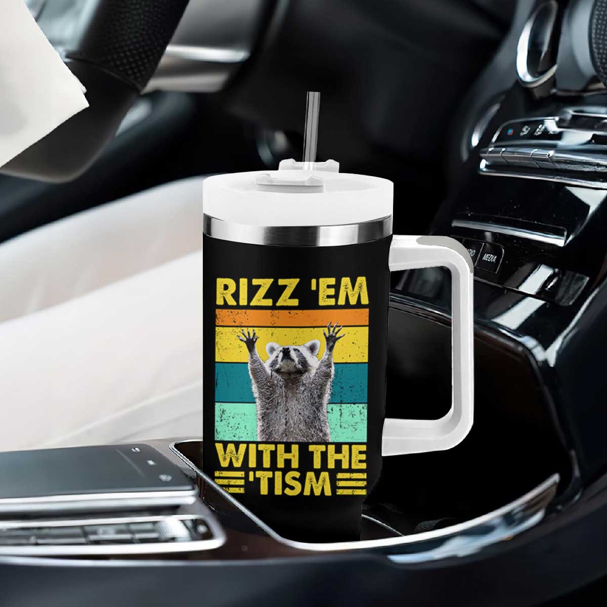 Rizz Em With The Tism Raccoon Tumbler With Handle Retro Silly Trash Panda Autism Meme Autistic ASD TB10 Print Your Wear