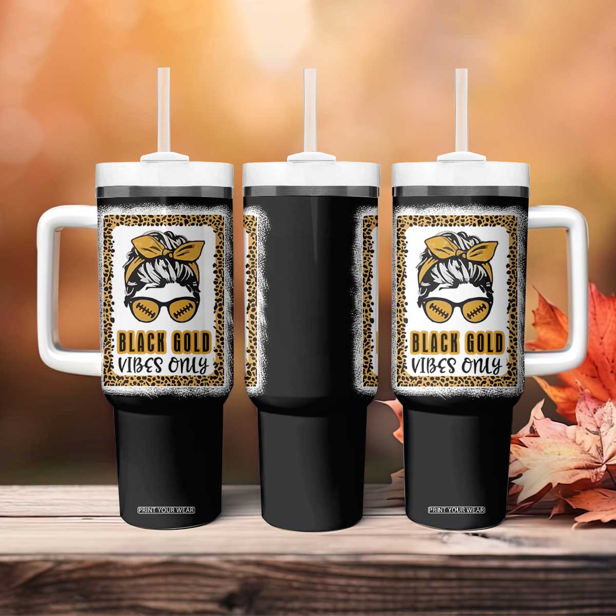 Leopard Football Tumbler With Handle Black Gold Vibes Only Football Girl Women Kids TB10 Print Your Wear