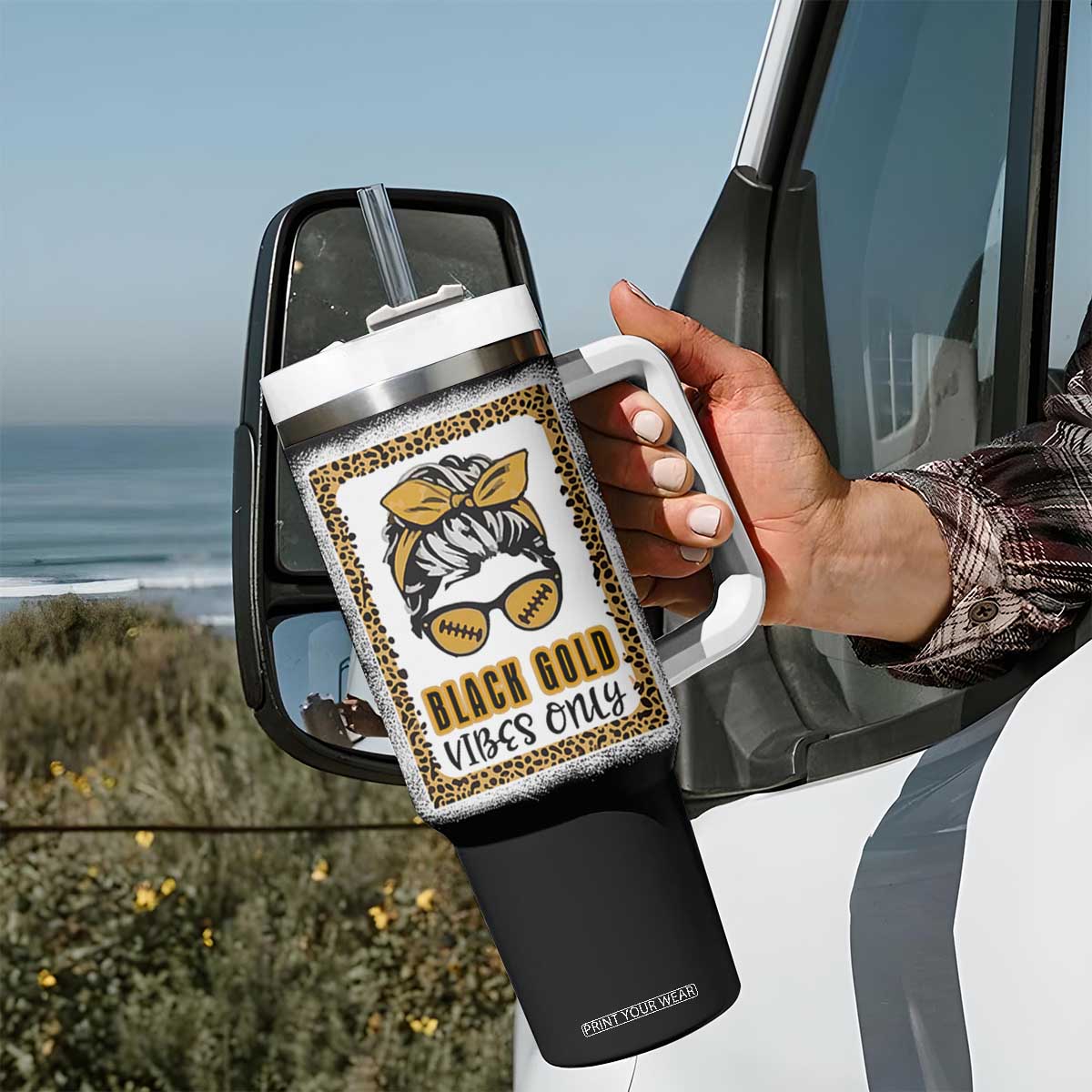Leopard Football Tumbler With Handle Black Gold Vibes Only Football Girl Women Kids TB10 Print Your Wear