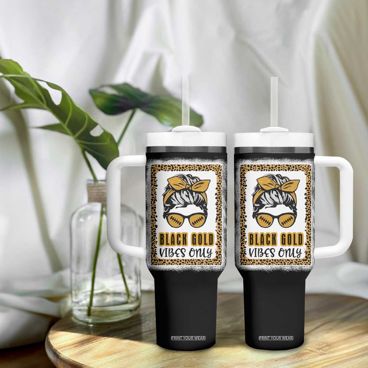 Leopard Football Tumbler With Handle Black Gold Vibes Only Football Girl Women Kids TB10 Print Your Wear