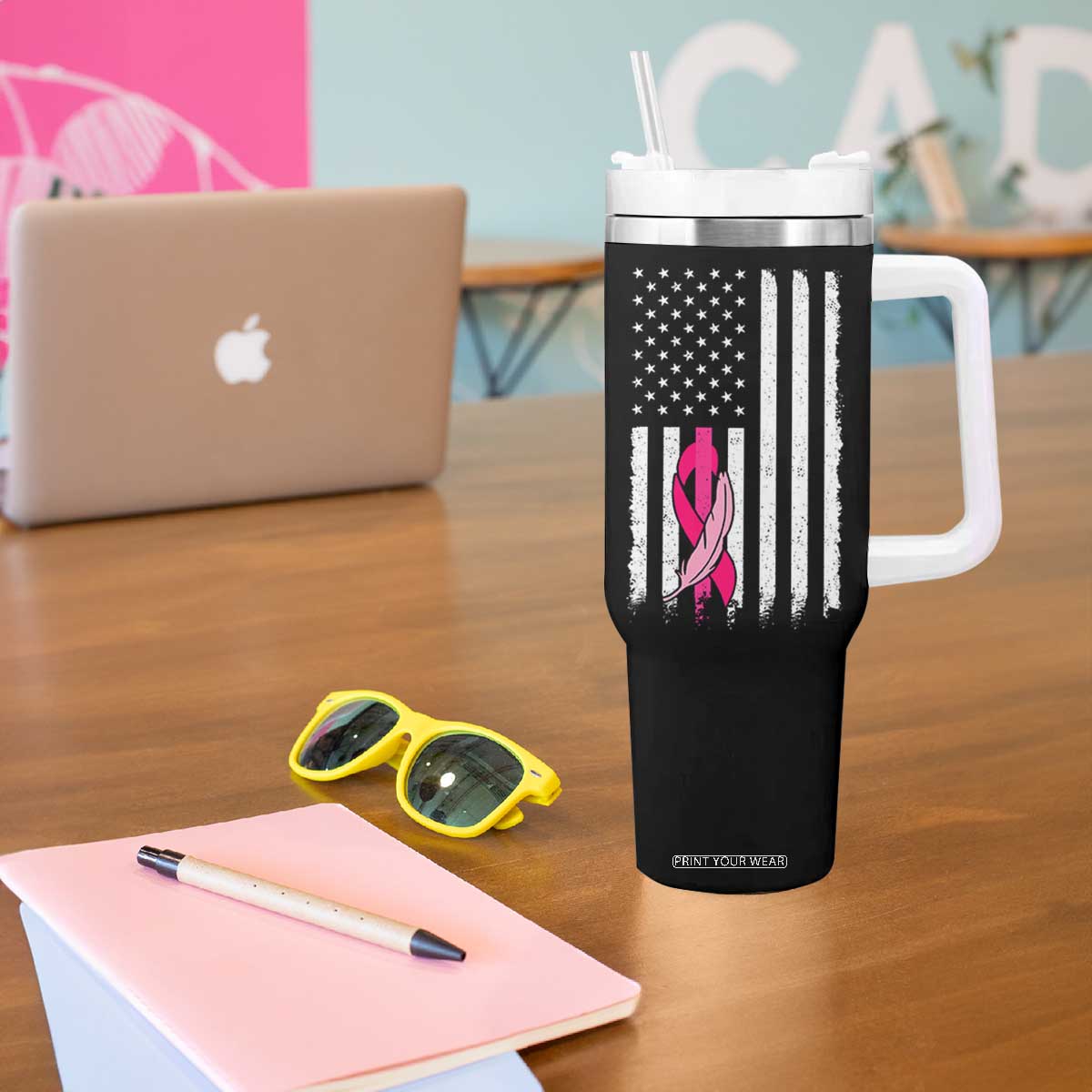 Funny Breast Cancer Tumbler With Handle Pink Ribbon American Flag Fighting Cancer Still Sexy TB10 Print Your Wear