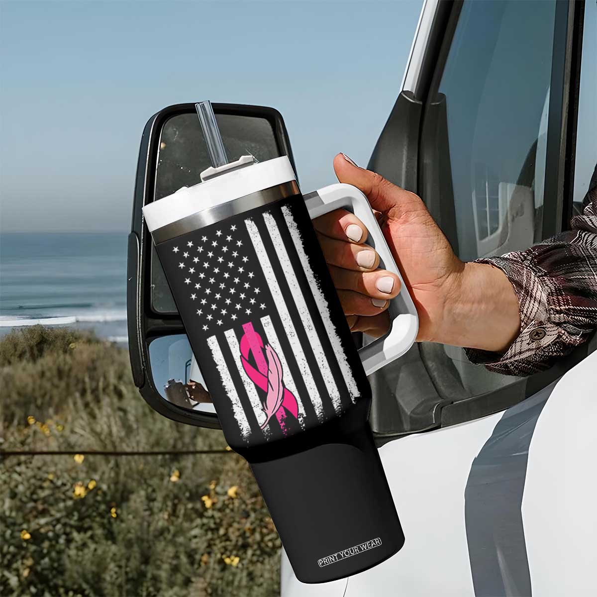 Funny Breast Cancer Tumbler With Handle Pink Ribbon American Flag Fighting Cancer Still Sexy TB10 Print Your Wear