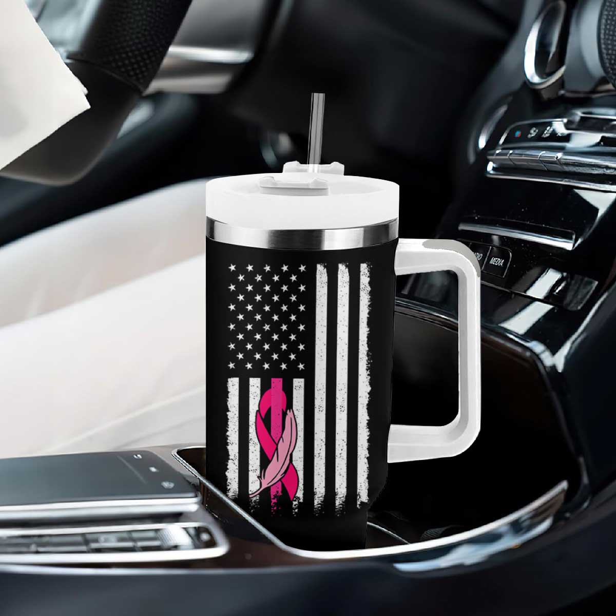 Funny Breast Cancer Tumbler With Handle Pink Ribbon American Flag Fighting Cancer Still Sexy TB10 Print Your Wear