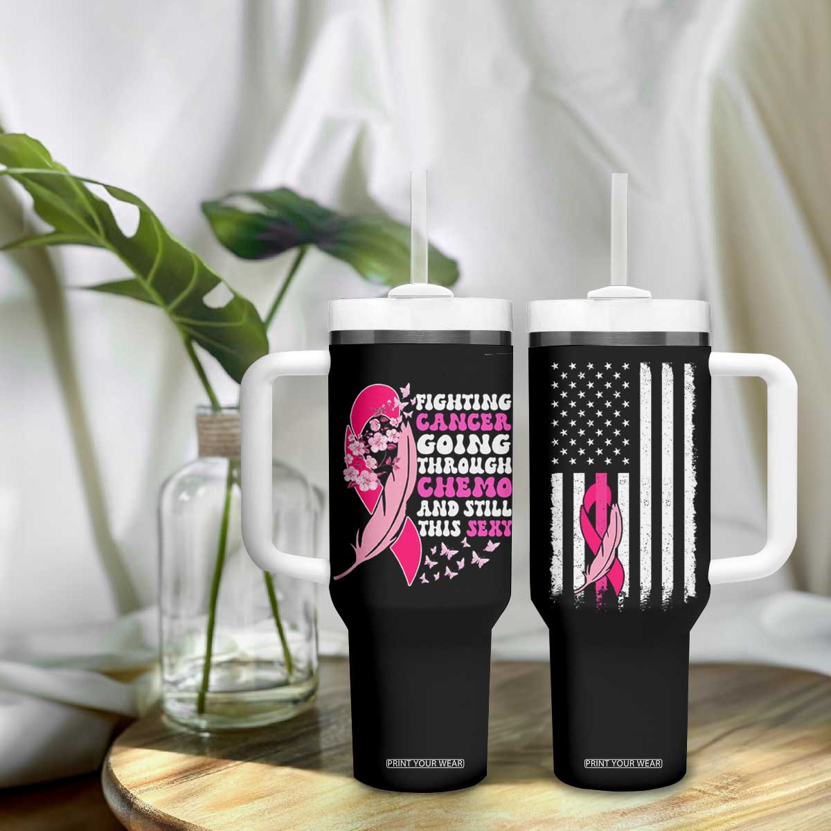 Funny Breast Cancer Tumbler With Handle Pink Ribbon American Flag Fighting Cancer Still Sexy TB10 Print Your Wear