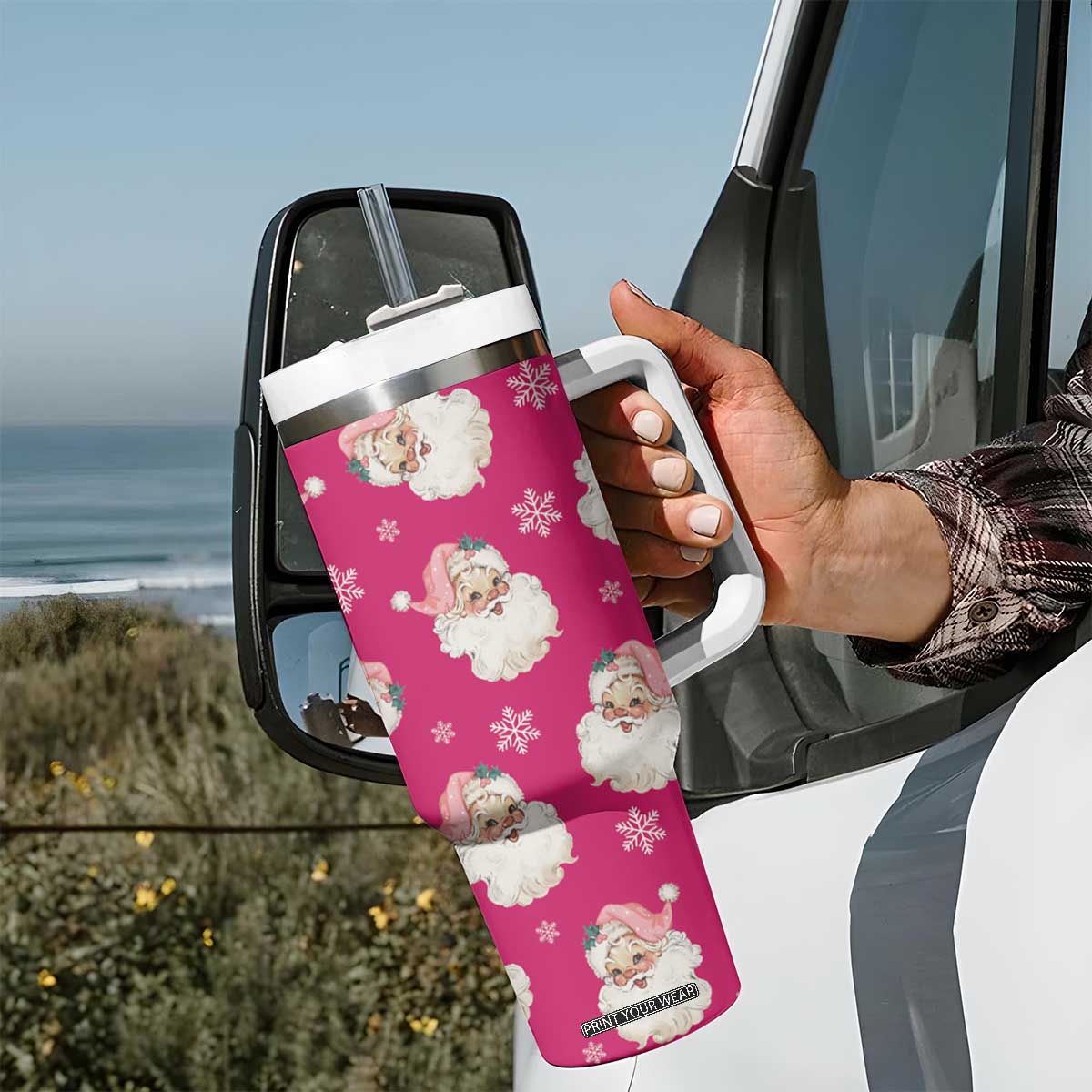 Personalized Christmas Tumbler With Handle Custom Name Pink Santa Claus Retro Xmas Gifts TB10 Print Your Wear