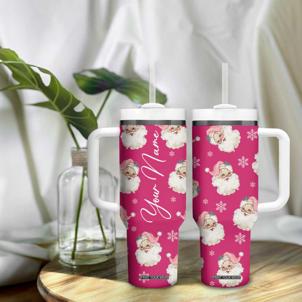 Personalized Christmas Tumbler With Handle Custom Name Pink Santa Claus Retro Xmas Gifts TB10 Print Your Wear
