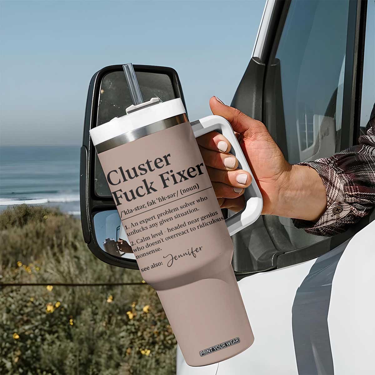 Personalized Coworker Tumbler With Handle Custom Name Cluster Fuck An Expert Problem Solver Christmas Gift Brown TB10 Print Your Wear