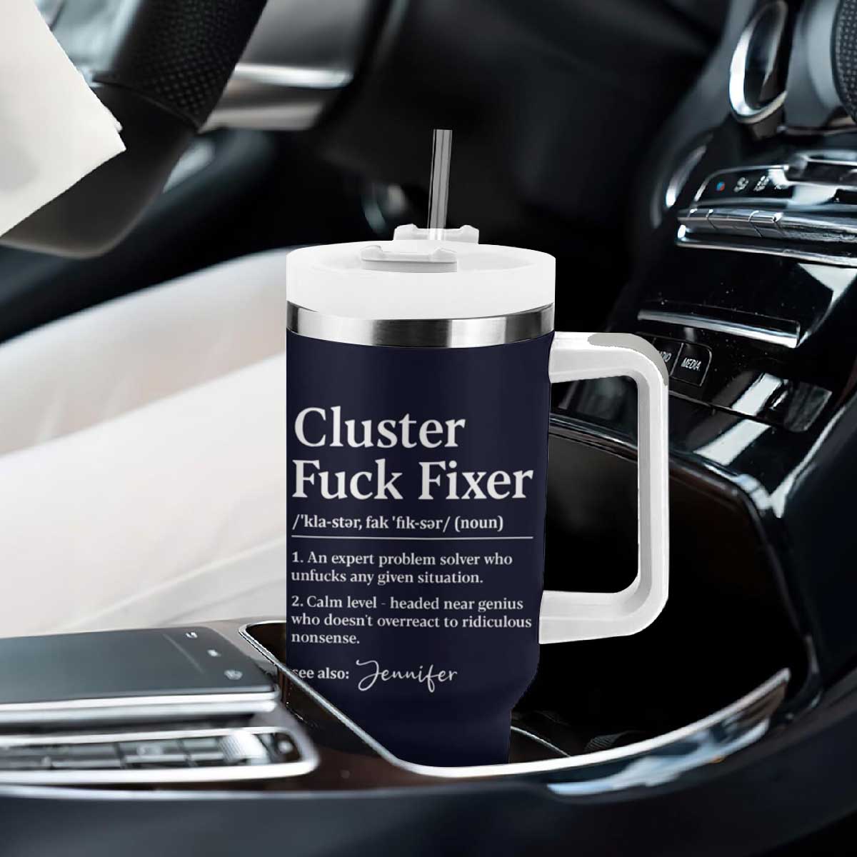 Personalized Coworker Tumbler With Handle Custom Name Cluster Fuck An Expert Problem Solver Christmas Gift Navy TB10 Print Your Wear