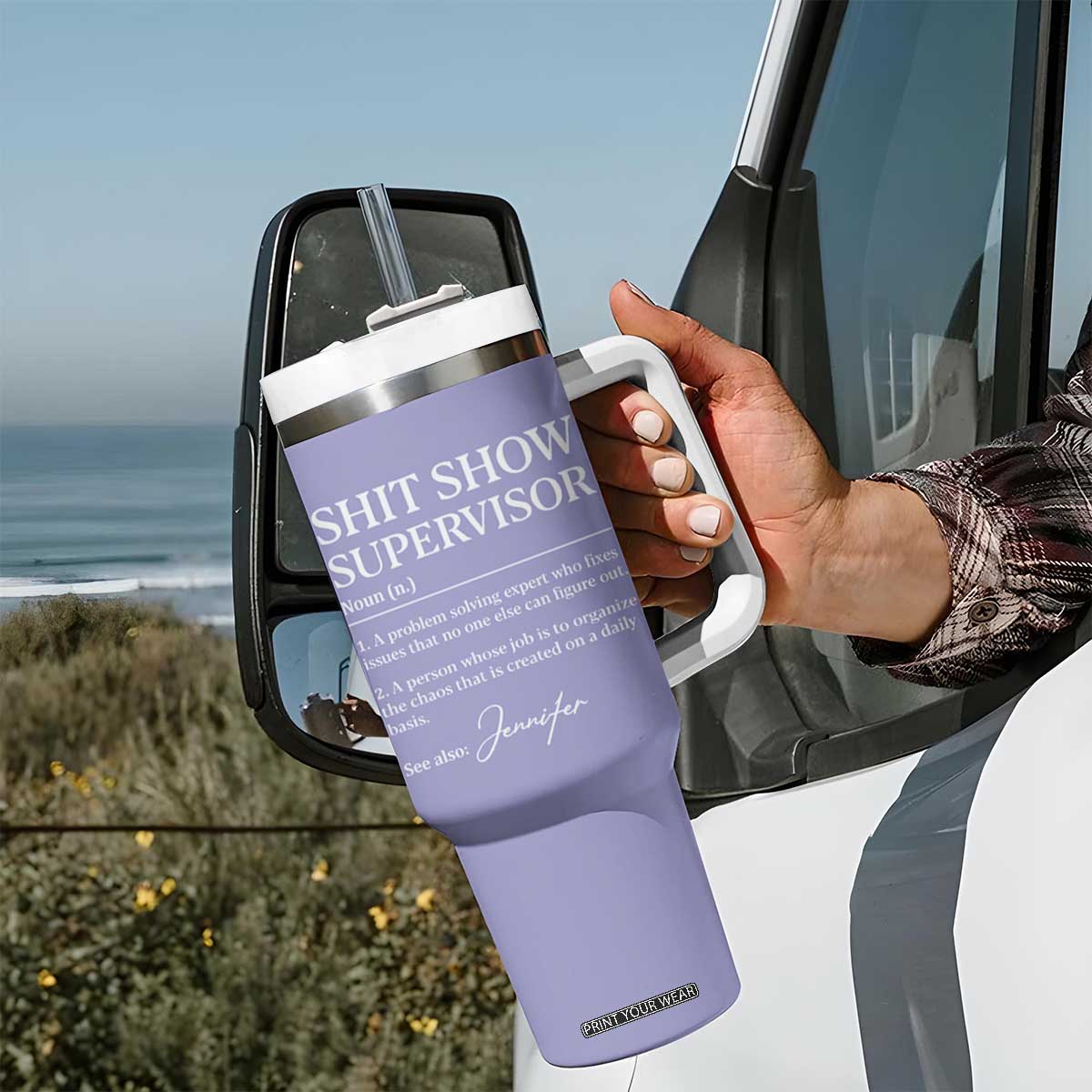 Personalized Boss Gifts Tumbler With Handle Custom Name Shit Show Supervisor Gift for Boss Team Manger Director Purple TB10 Print Your Wear