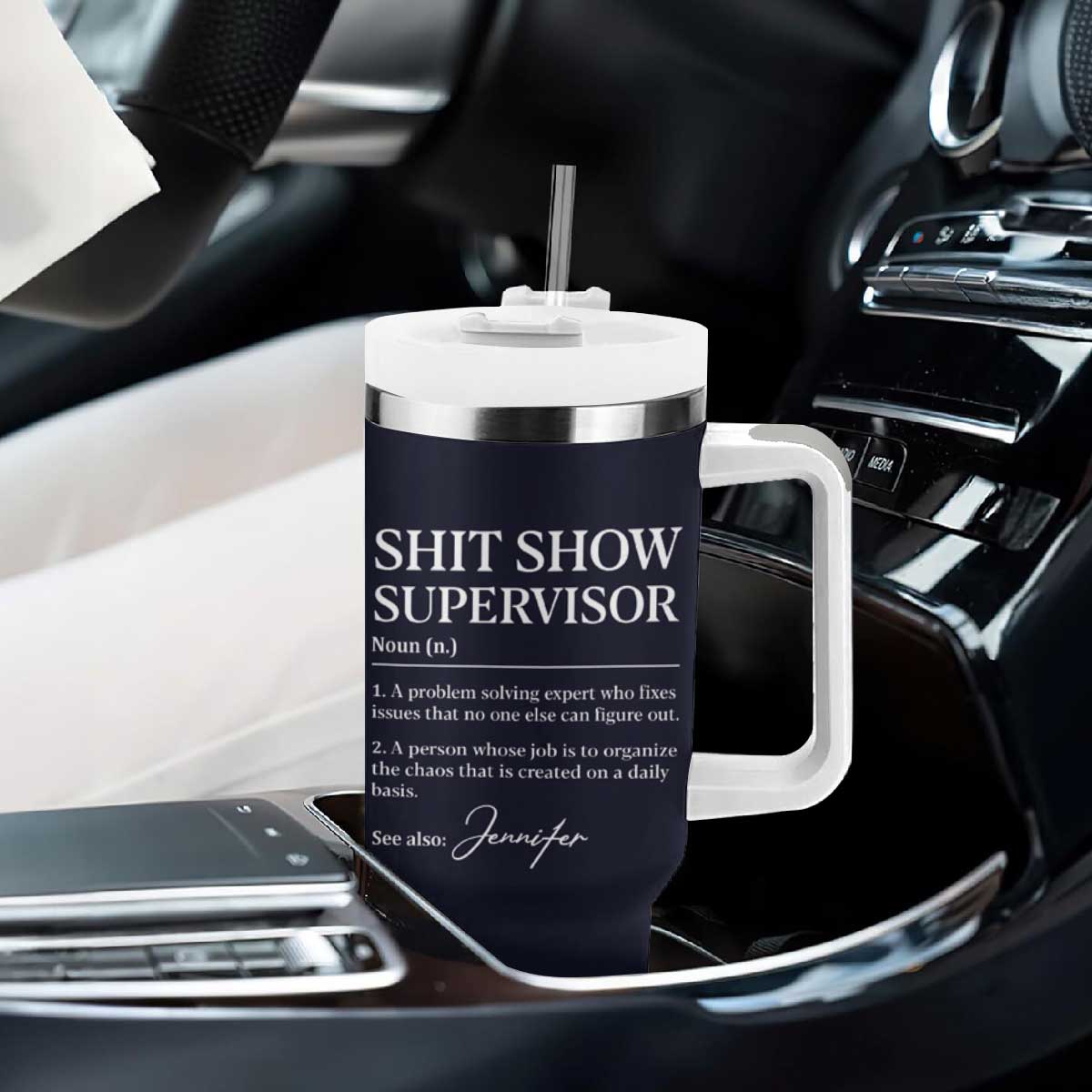 Personalized Boss Gifts Tumbler With Handle Custom Name Shit Show Supervisor Gift for Boss Team Manger Director Navy TB10 Print Your Wear