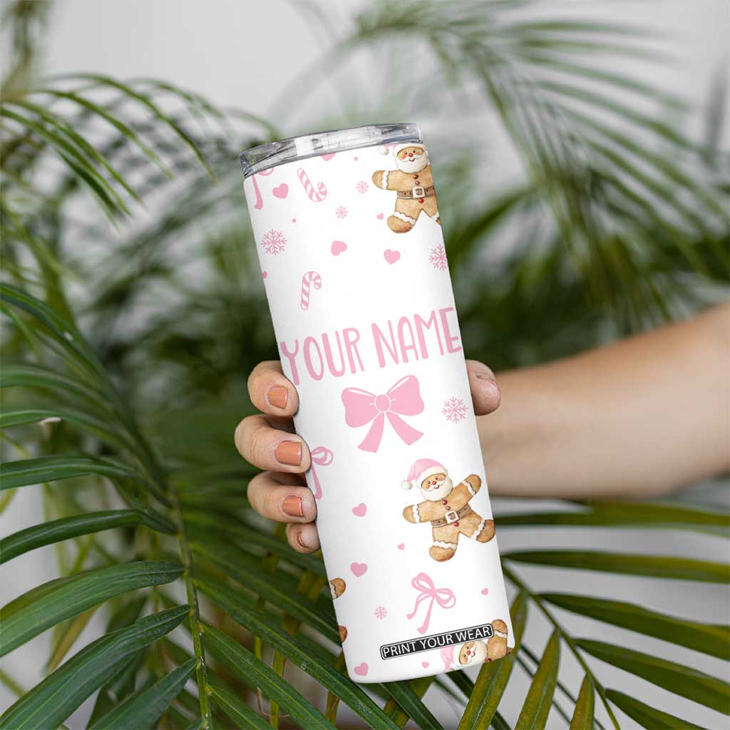 Personalized Christmas Skinny Tumbler Custom Name Coquette Pink Bow Gingerbread Man TB10 Print Your Wear