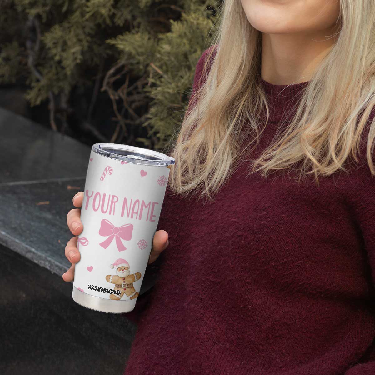 Personalized Christmas Tumbler Cup Custom Name Coquette Pink Bow Gingerbread Man TB10 Print Your Wear