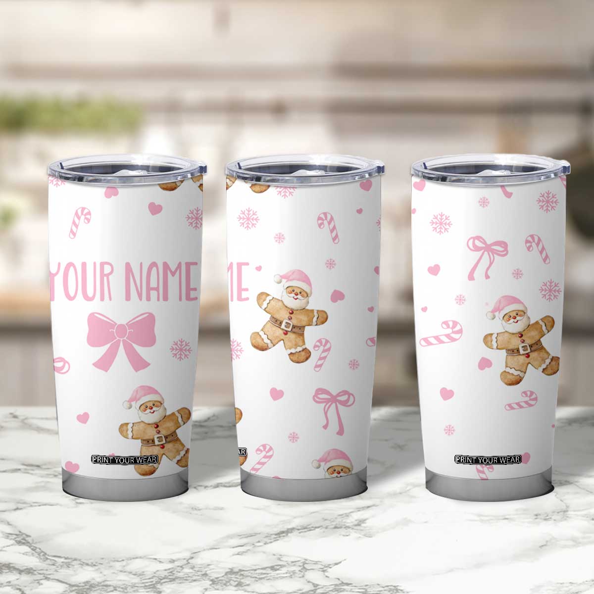 Personalized Christmas Tumbler Cup Custom Name Coquette Pink Bow Gingerbread Man TB10 Print Your Wear