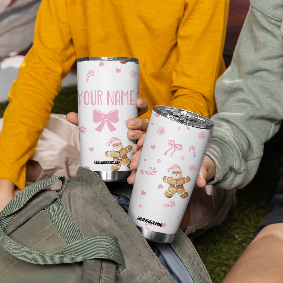 Personalized Christmas Tumbler Cup Custom Name Coquette Pink Bow Gingerbread Man TB10 Print Your Wear