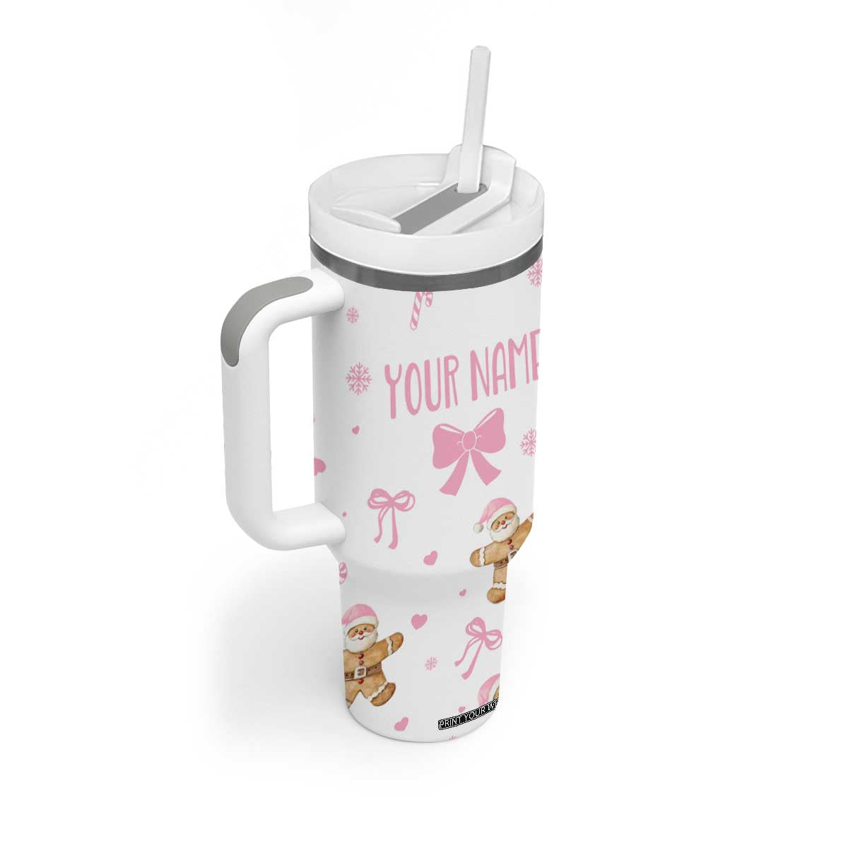 Personalized Christmas Tumbler With Handle Custom Name Coquette Pink Bow Gingerbread Man TB10 Print Your Wear