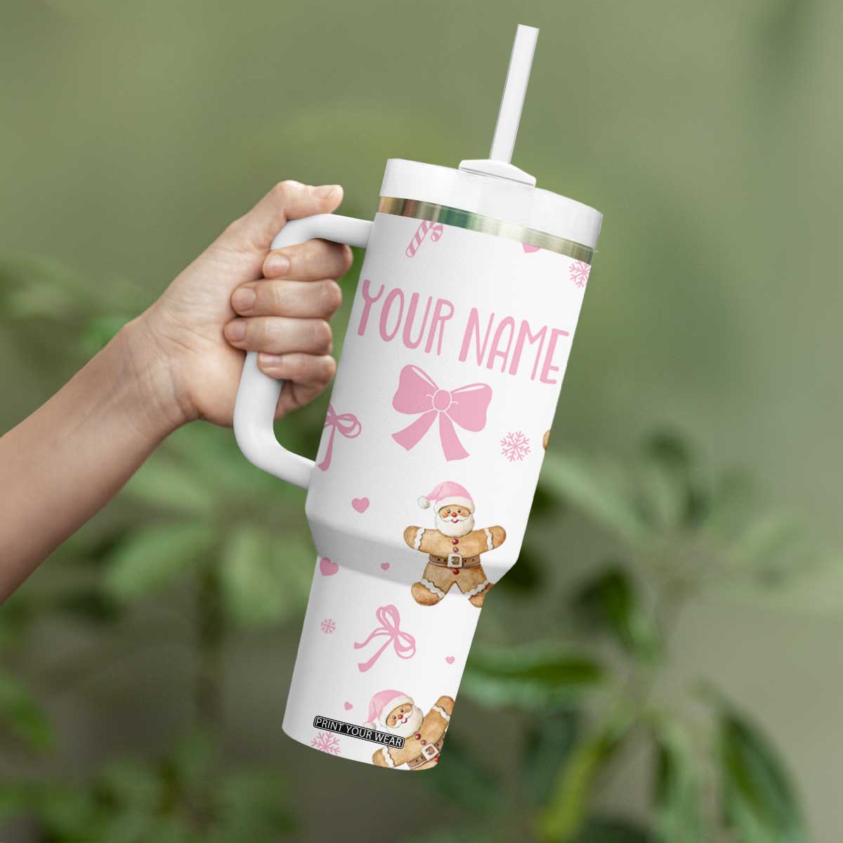 Personalized Christmas Tumbler With Handle Custom Name Coquette Pink Bow Gingerbread Man TB10 Print Your Wear
