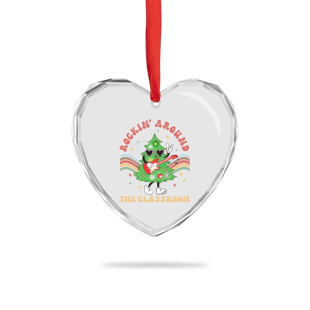 Teacher Christmas Heart Crystal Glass Ornament Rockin' Around The Classroom Groovy Xmas Tree TS02 Print Your Wear