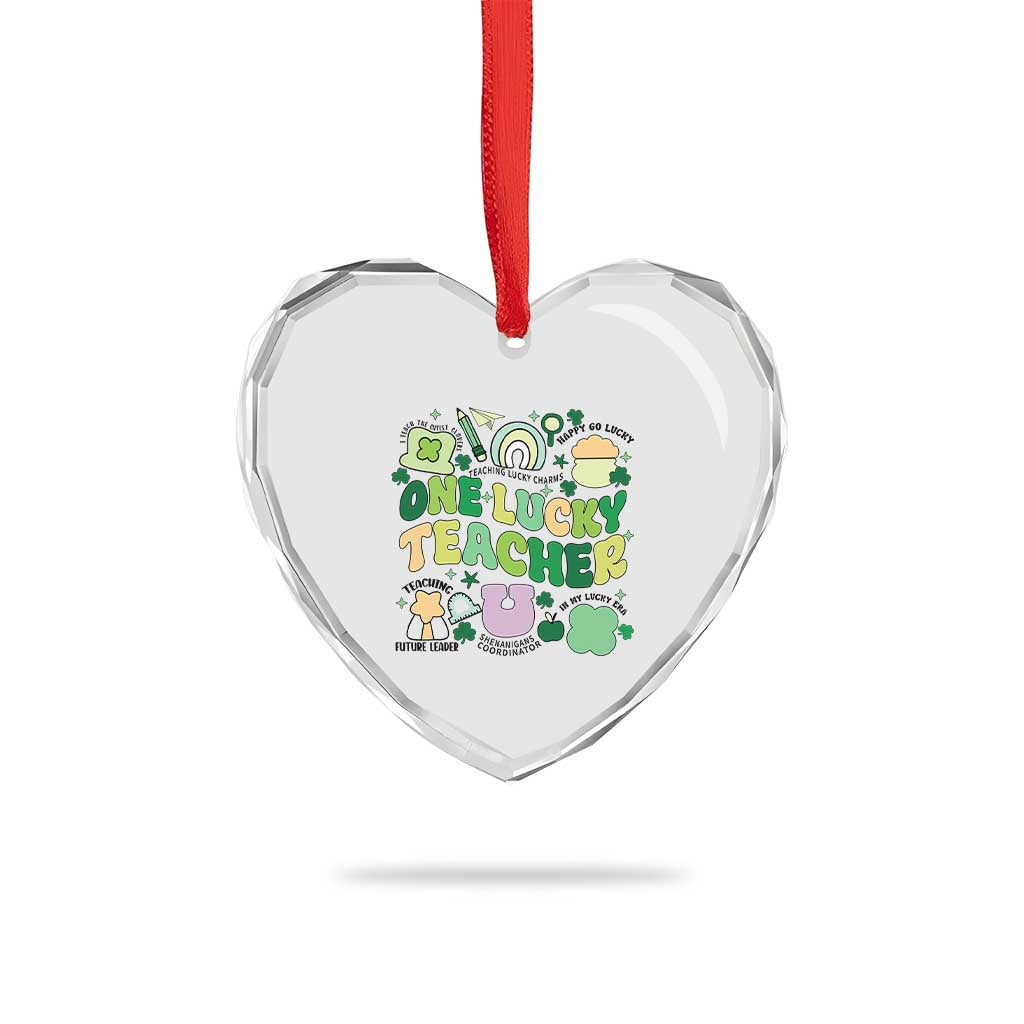 Teachers St Patrick's Day Heart Crystal Glass Ornament One Lucky Teacher Retro Groovy TS02 Print Your Wear