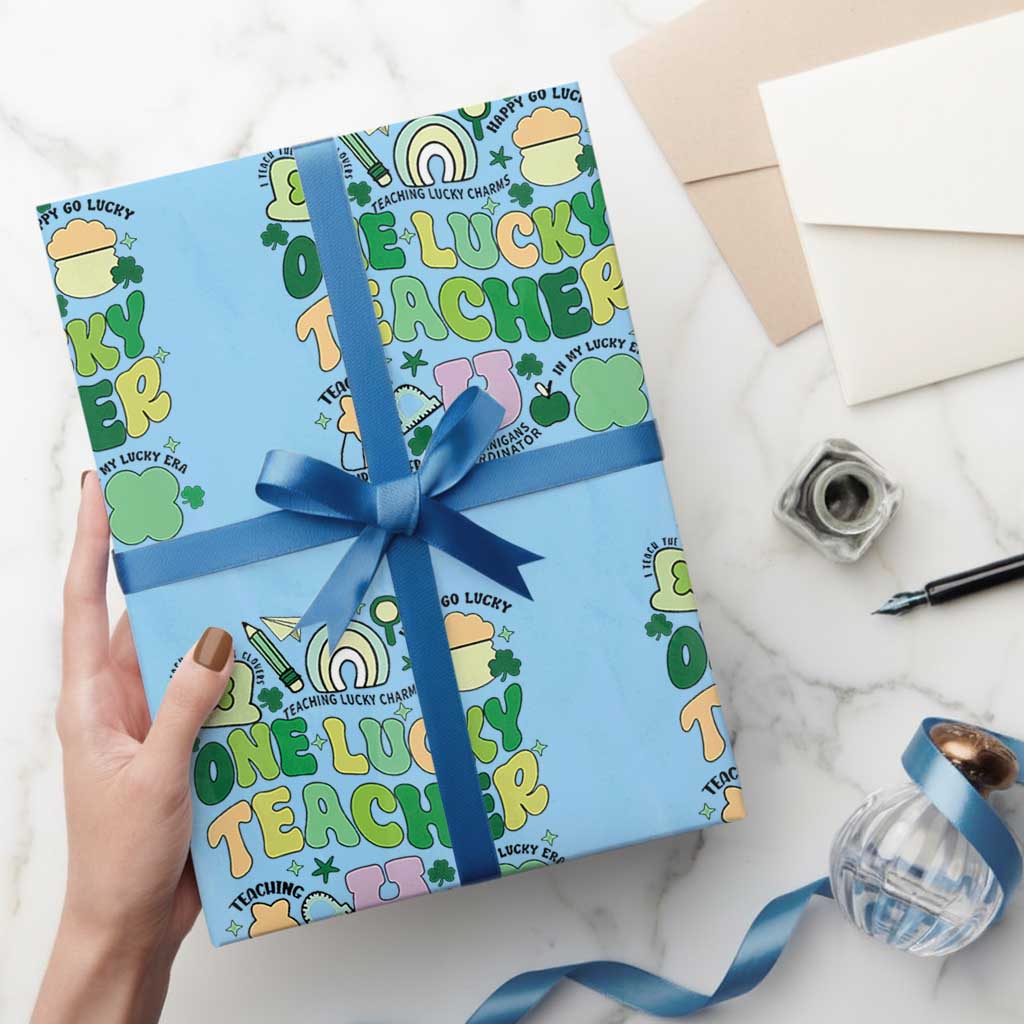Teachers St Patrick's Day Wrapping Paper Roll One Lucky Teacher Retro Groovy TS02 Light Blue Print Your Wear