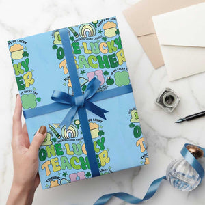 Teachers St Patrick's Day Wrapping Paper Roll One Lucky Teacher Retro Groovy TS02 Light Blue Print Your Wear