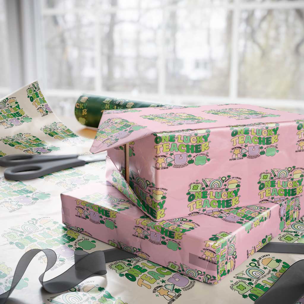 Teachers St Patrick's Day Wrapping Paper Roll One Lucky Teacher Retro Groovy TS02 Light Pink Print Your Wear