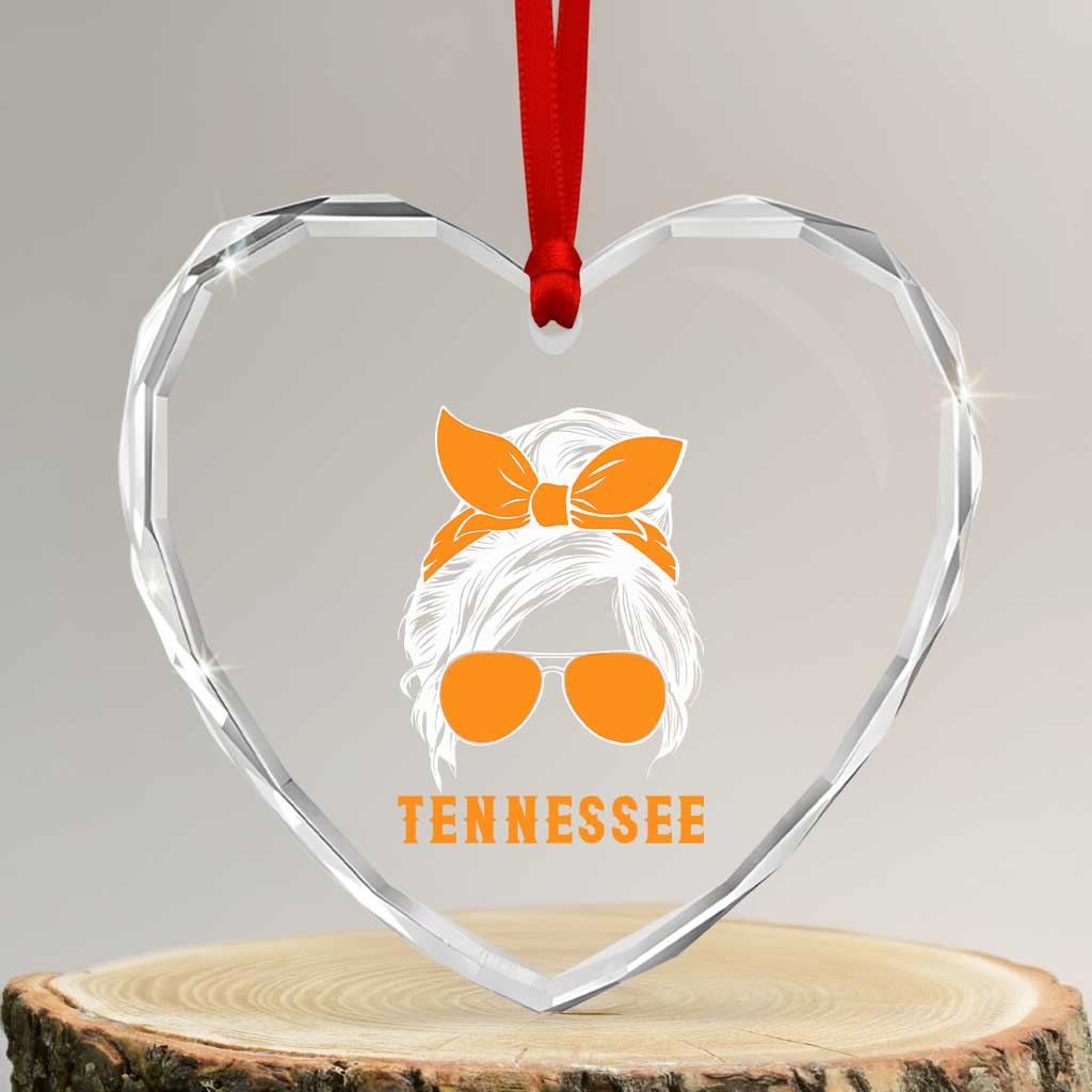 Tennessee Fan Heart Crystal Glass Ornament Volunteers College Football Lover Game Day Messy Bun TS10 Transparent Glass 3'' Heart Print Your Wear