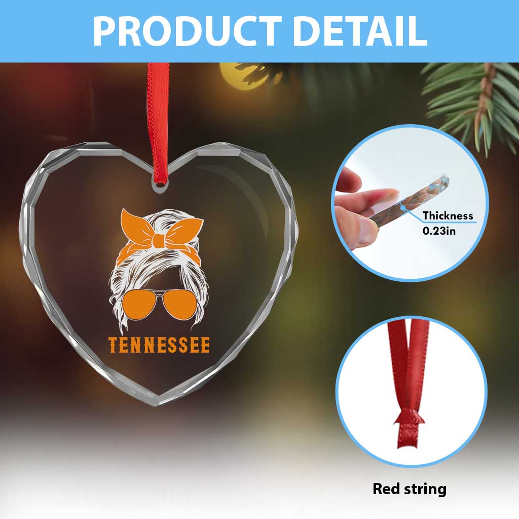 Tennessee Fan Heart Crystal Glass Ornament Volunteers College Football Lover Game Day Messy Bun TS10 Print Your Wear