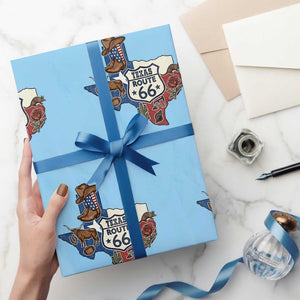 Texas Route Highway 66 Adventure Wrapping Paper Roll Desert Road Trip Graphic TS12 Light Blue Print Your Wear