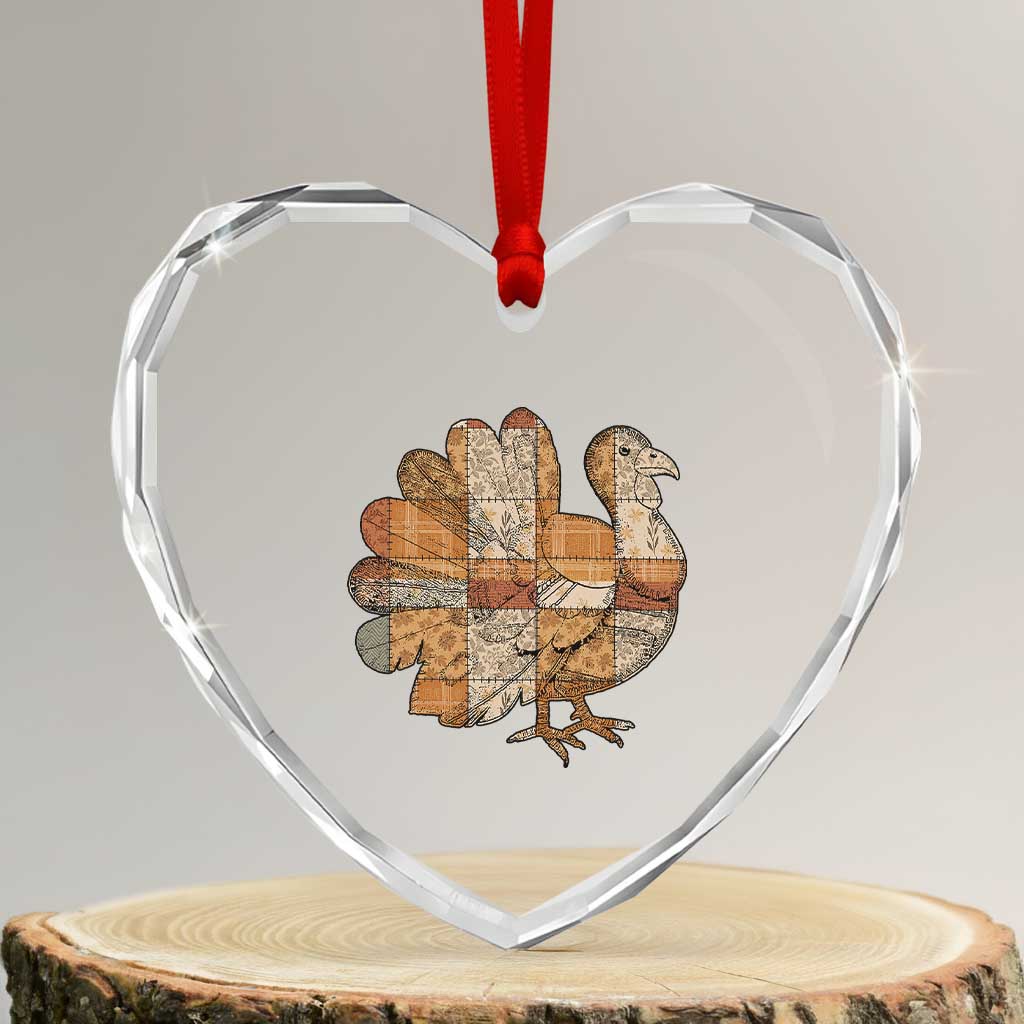 Thanksgiving Vintage Patchwork Gobble Turkey Heart Crystal Glass Ornament TS11 Transparent Glass 3'' Heart Print Your Wear