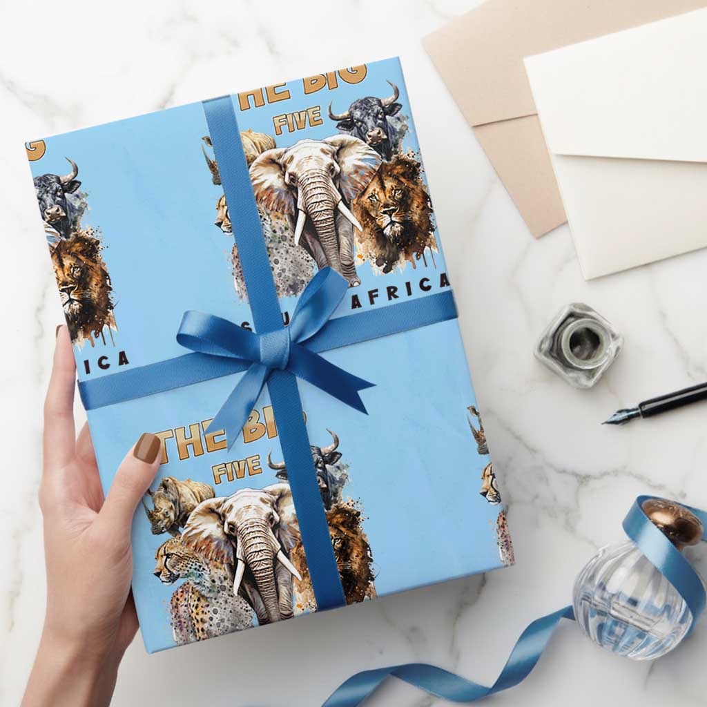The Big Five South Africa Wrapping Paper Roll Elephant Lion Rhino Buffalo Leopard Animals Safari Wildlife TS02 Light Blue Print Your Wear